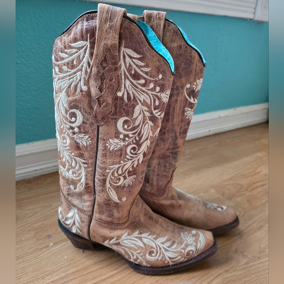 Corral Boots Shoes - Corral Western Cowgirl Boots Embroidered Tan Brown Leather
